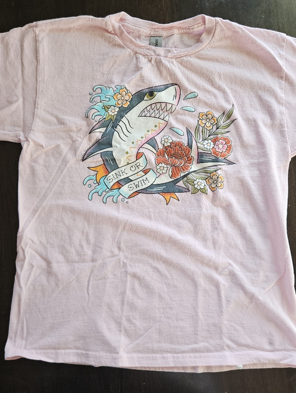 Gildan Pink Kids Tee with Shark & Floral Graphic